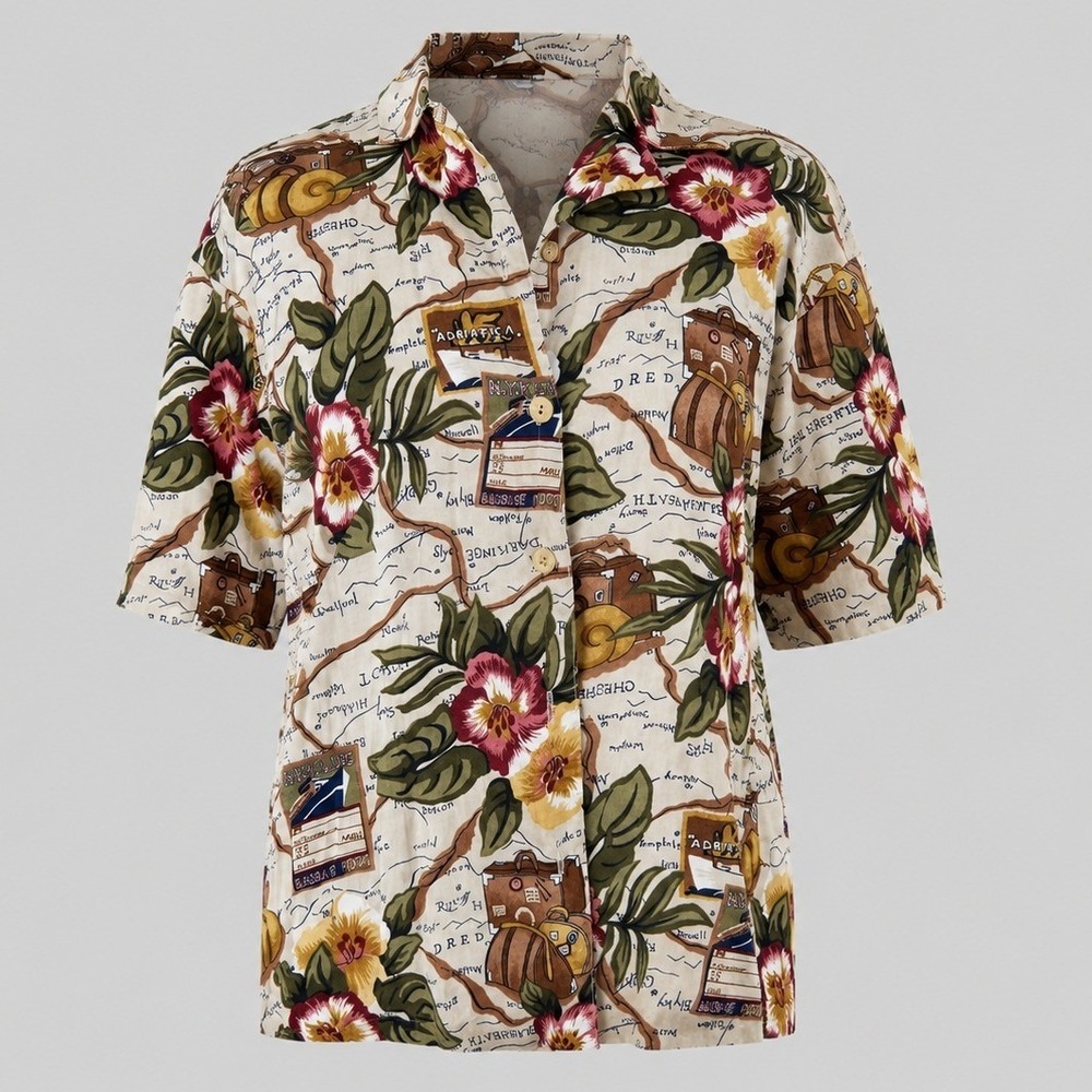 Teddi Womens‎ Small Vintage Map Travel Floral Rayon Short Sleeve Button Up Shirt